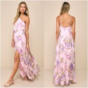 LULU’S Romantic Marvel Light Pink Floral Print Halter Neck Maxi Dress